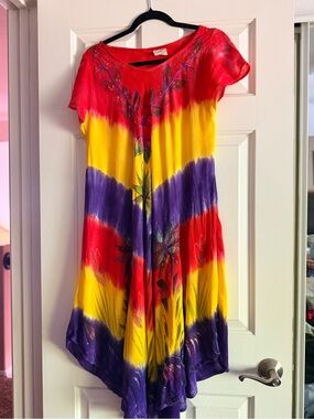 Exist Red, Yellow & Purple Tie-Dye Floral Casual Dress